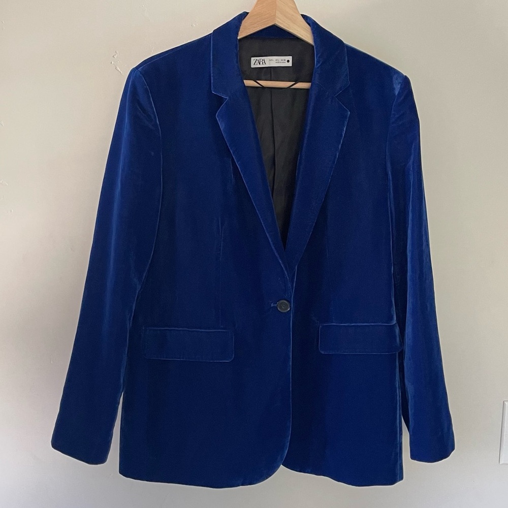 Zara Blue Velvet Jacket Blazer, Size L - Picture 3 of 13